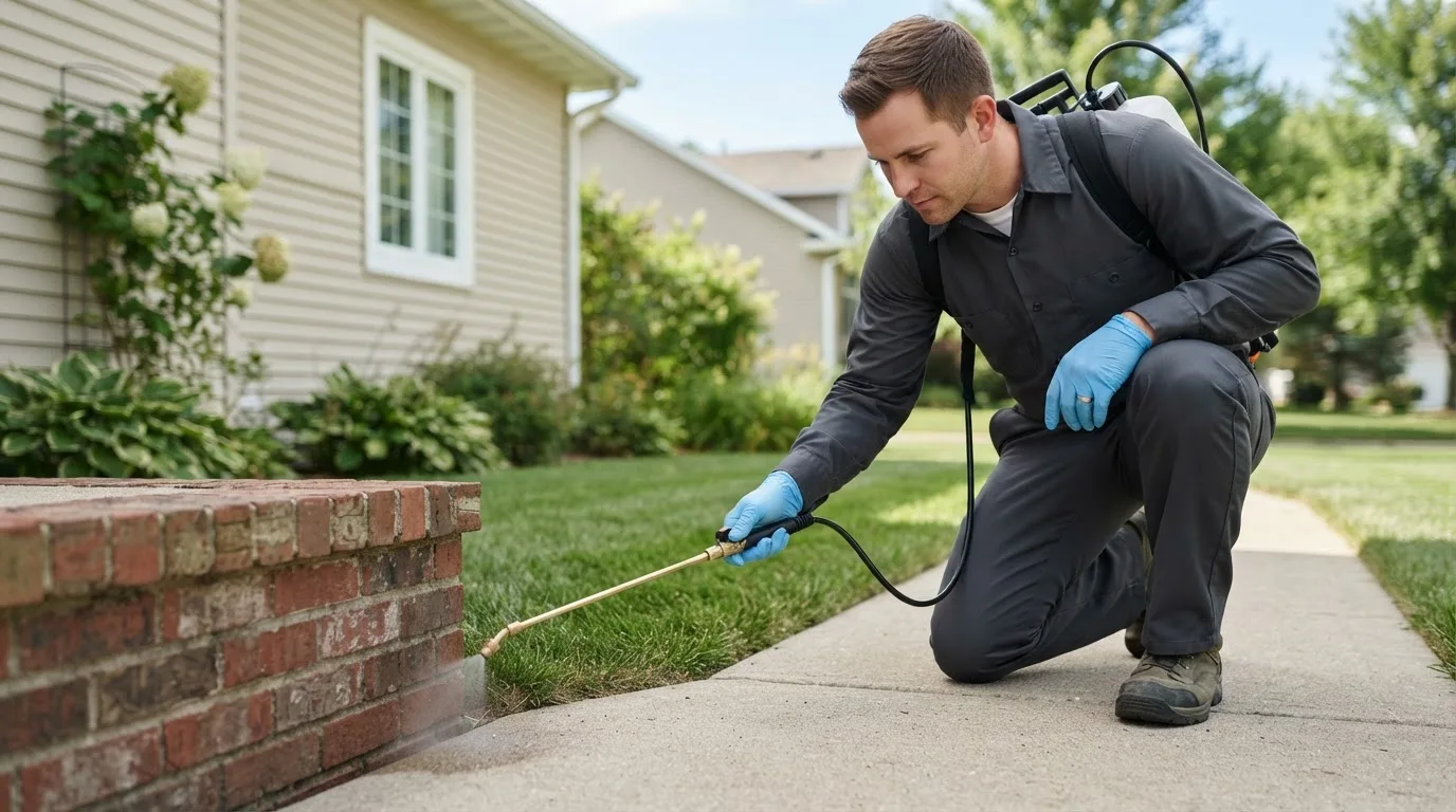 Pest control technician treating a home near Harrison, MI